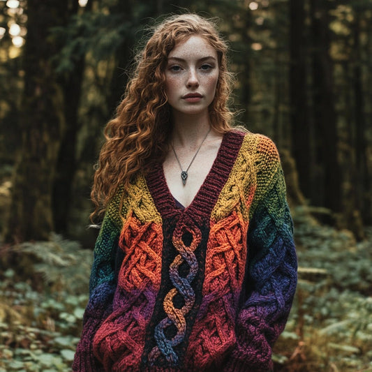 Vintage Rainbow Gradient Celtic Jacquard Chunky V-neck Aran Sweater elevenforest