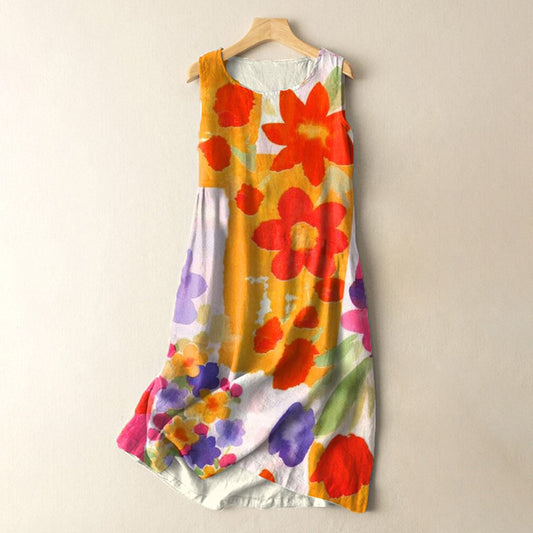 Comstylish Vintage Boho Flowers Abstract Ink Painting Print Sleeveless Cotton And Linen Midi Dress