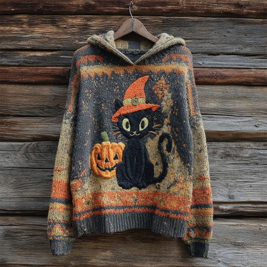 Halloween Black Cat With Hat Women's Knit Hooded Sweater artswardrobe