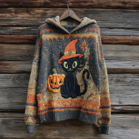 Halloween Black Cat With Hat Women's Knit Hooded Sweater elevenforest