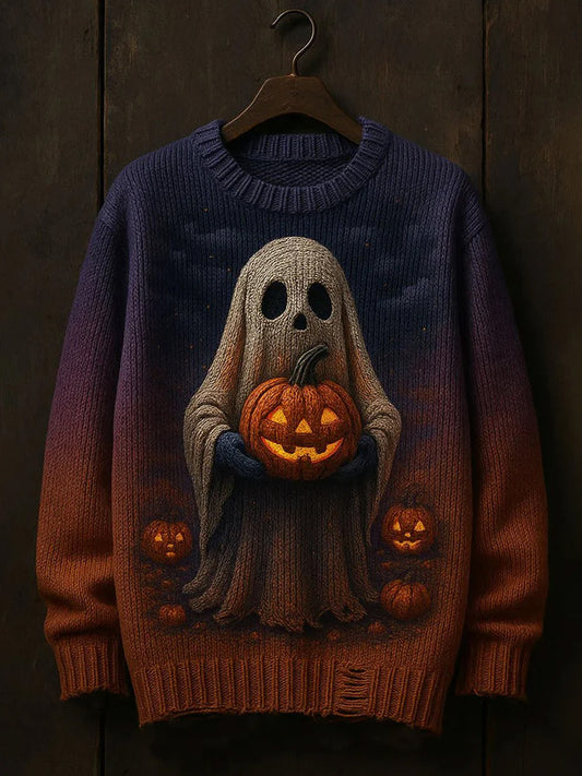 Men's Halloween Pumpkin Ghost Art Print Sweater artswardrobe