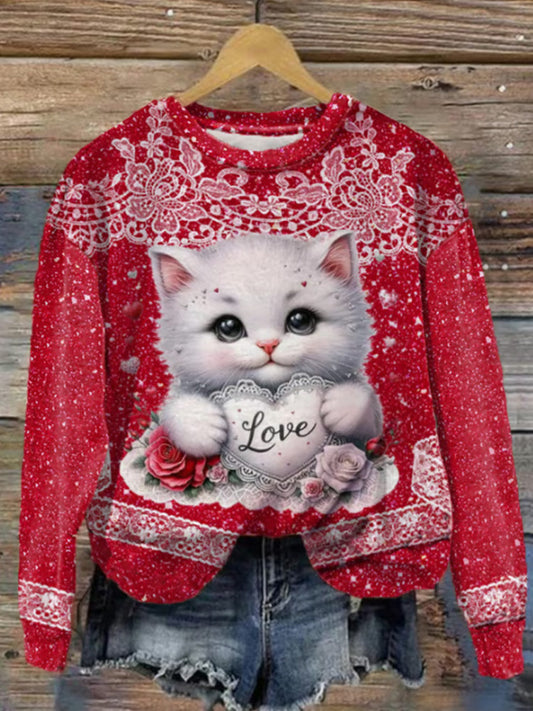 Women's Valentines Day Cute Lace Kitten Printed Sweatshirt elevenforest