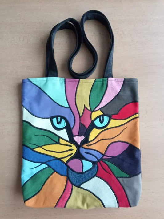 Comstylish Colorful Cat Embroidery Pattern Canvas Bag