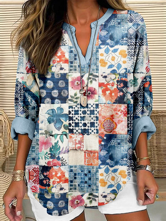 Comstylish Japanese Sashiko Boho Style Quilt Pattern Linen Tunic