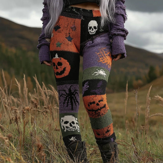 Women's Halloween Pumpkin Patchwork Cozy Leggings elevenforest
