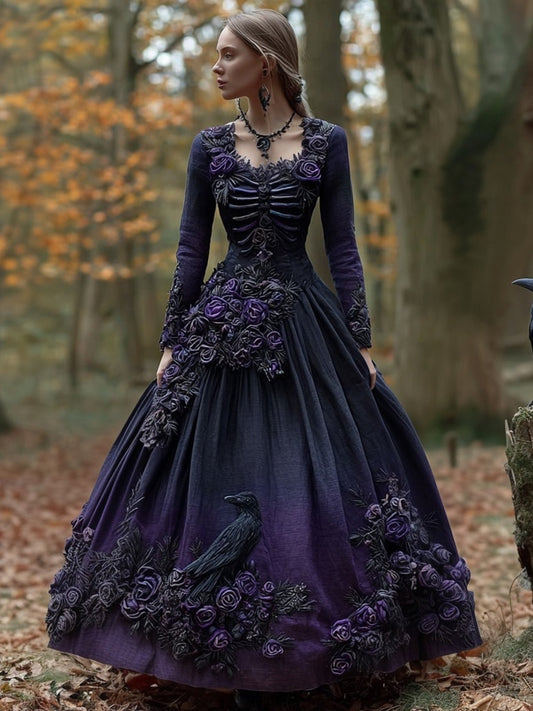Comstylish Classy Raven & Roses Skeleton Gradient Maxi Dress