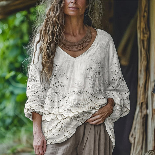Cottage Floral Embroidered Lace Flowy Linen Tunic artswardrobe