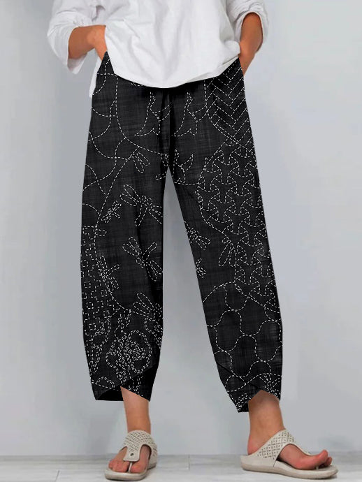 Comstylish Vintage Japanese Sashiko Art Linen Blend Cropped Casual Pants