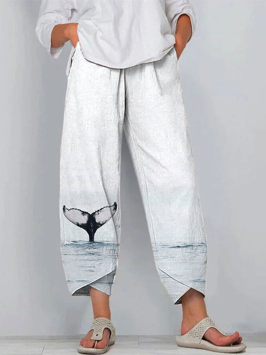 Comstylish Whale Tail Art Print Linen Blend Casual Pants