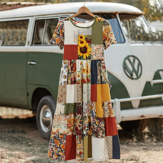 Countryside Style Collection Classy Patchwork Sunflower And Floral Pattern Art Linen Maxi Dress artswardrobe
