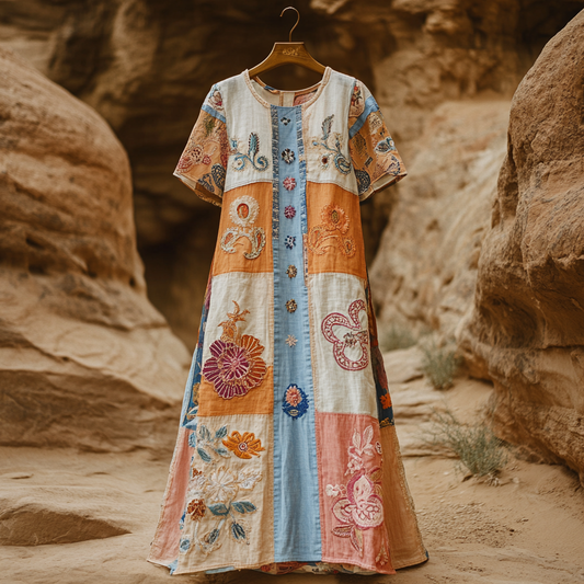 Comstylish Women's Vintage Tribal Floral Patch Cotton And Linen Dress