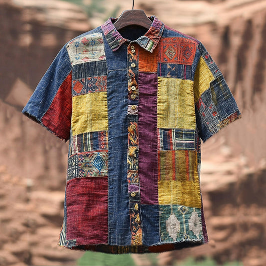 Men's Vintage Spliced ​​contrasting Linen Shirt artswardrobe