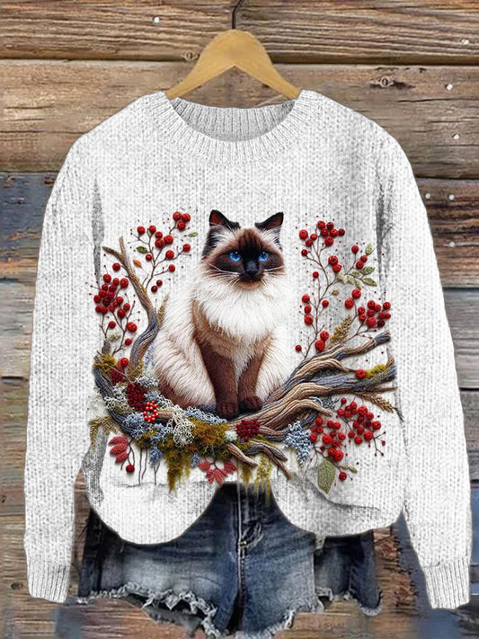 Comstylish Floral & Cat Embroidery Women's Cozy Sweater