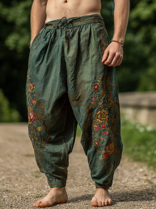 Men's Retro Bohemian Plant And Floral Embroidered Print Pants artswardrobe