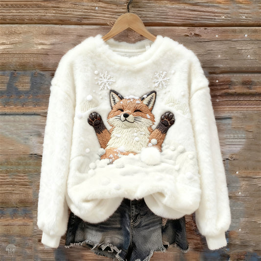 Comstylish Lovely Fox & Snow Embroidered Cozy Plush Sweatshirt