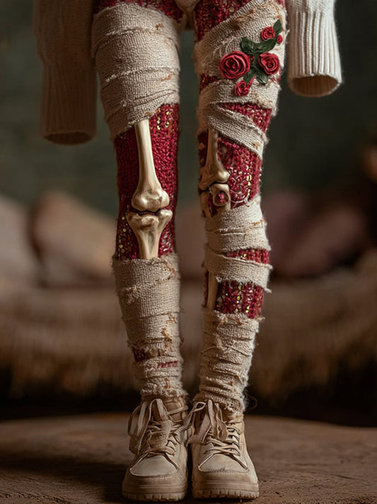Comstylish Women's Halloween Skeleton And Rose Bandage Pants