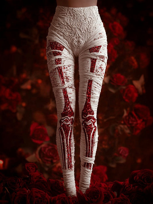Comstylish Vintage Skeleton Anatomy Bloody Bandages Cozy Knit Leggings