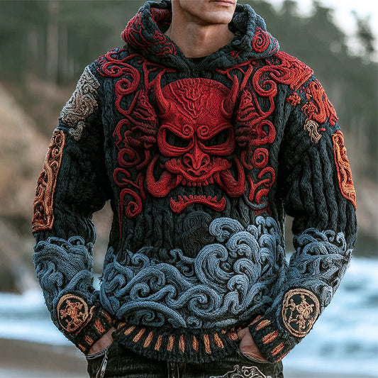 Japanese Flame Claw Oni Art Men's Chunky Knit Hooded Sweater elevenforest