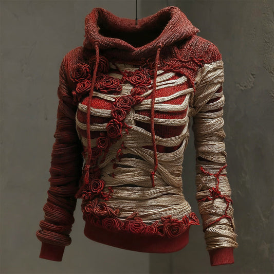 Halloween Bandage Skull Rose Art Slim Fit Knit Hooded Sweater artswardrobe