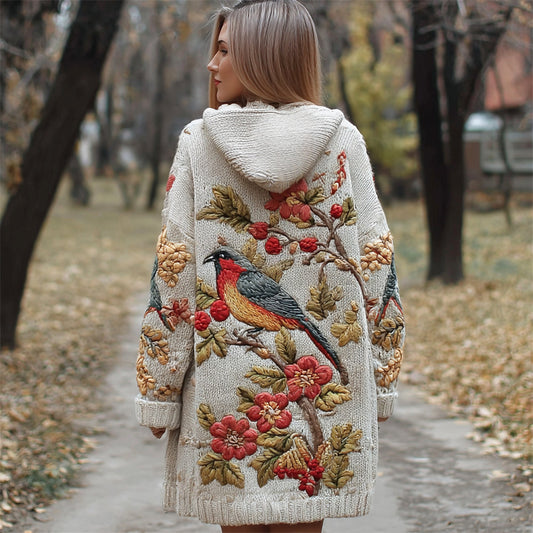 Vintage Bird & Flower Embroidery Women's Knit Hooded Cardigan elevenforest