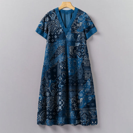 Comstylish Japanese Traditional Sashiko Patchwork Art Pattern Painting V-Neck Dress