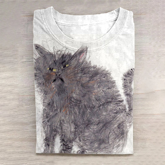 Women's Crazy Cat Folk Art Casual T-Shirt elevenforest