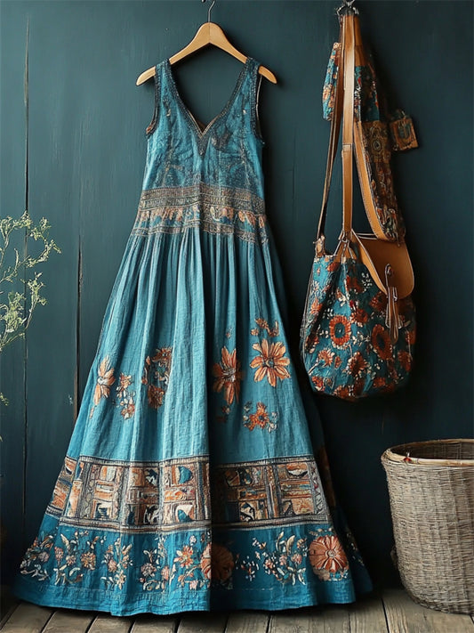 Ethnic Boho Floral Embroidered Turquoise Linen Maxi Dress artswardrobe
