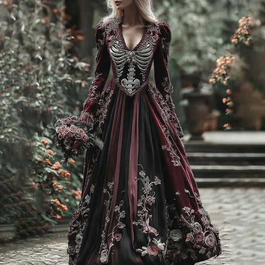 Comstylish Vintage Skull Skeleton And Red Roses Flowy Maxi Dress
