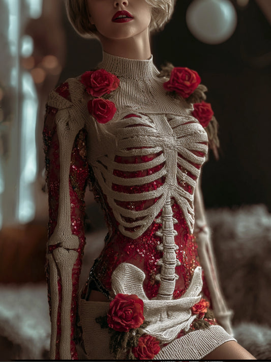 Comstylish Women's Halloween Skeleton And Rose Bandage Round Neck Mini Skirt