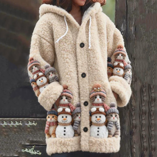 Comstylish Cute Cat And Christmas Snowman Pattern Plush Hoodie