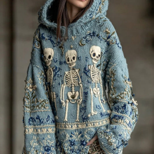Women's Skull And Floral Art Print Warm And Cozy Hooded Sweater artswardrobe