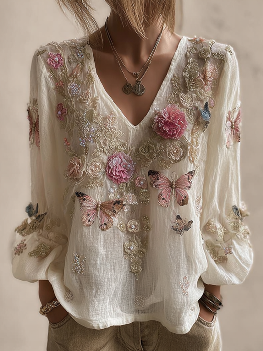 Bohemian Style V-neck Butterfly And Flower Embroidery Cotton And Linen Short Sleeve