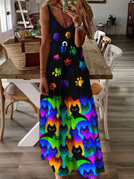 Colorful Cats & Paw Prints V Neck Cami Maxi Dress elevenforest