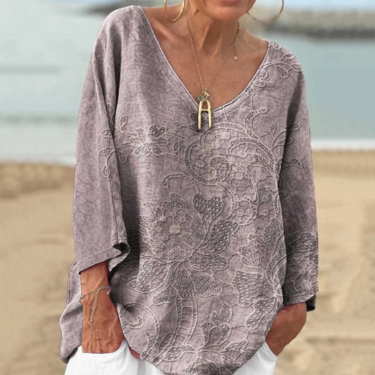 Vintage Floral V-neck Loose Linen Blend T-shirt artswardrobe