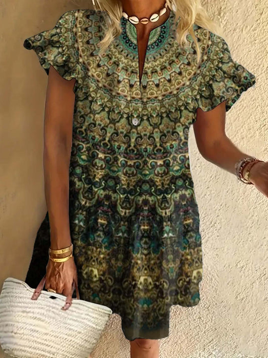 Vintage Mandala Art Ruffled Short-sleeved V-neck Buttoned Dress Vacation Beach Dress