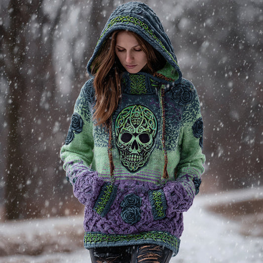 Women's Viking Tribal Jacquard Celtic With Rose And Skull Inspired Chunky Knit Hooded Sweater elevenforest