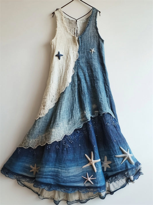 Starfish Embroidered Sea Waves Gradient Lace Flowy Linen Dress artswardrobe