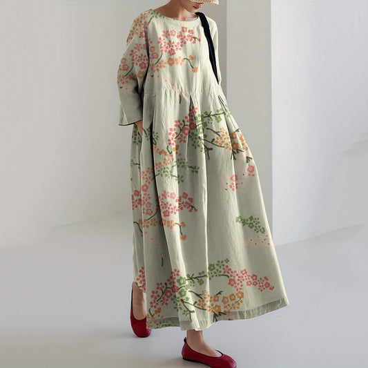 Comstylish Japanese Art Flower Print Loose Casual Midi Dress