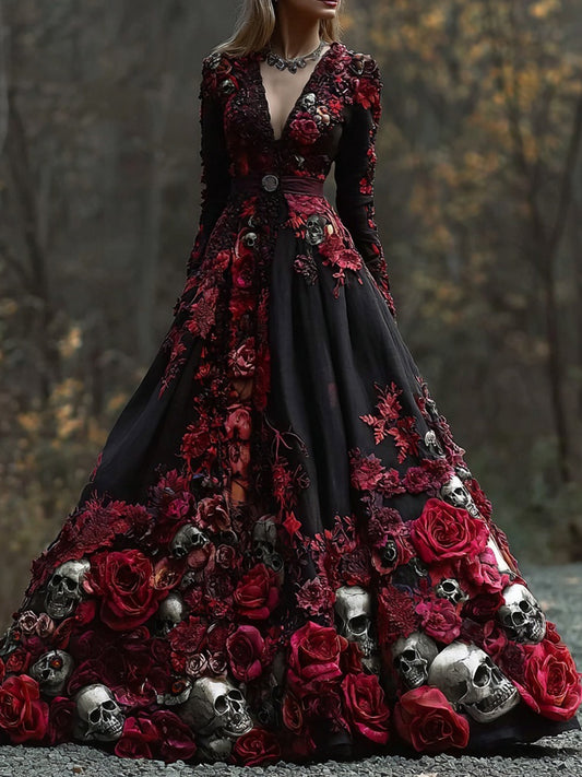Comstylish Vintage Gothic Roses & Skulls Embroidered V Neck Maxi Dress