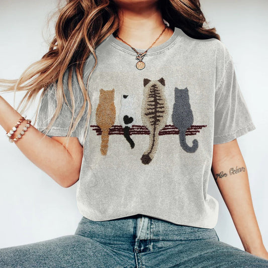 Cats Embroidered Vintage Washed T Shirt elevenforest