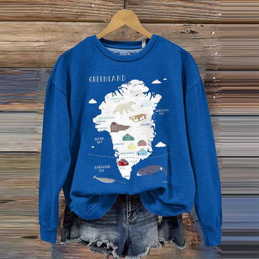 Comstylish Women's Greenland Map Print Crew Neck Casual Sweatshirt
