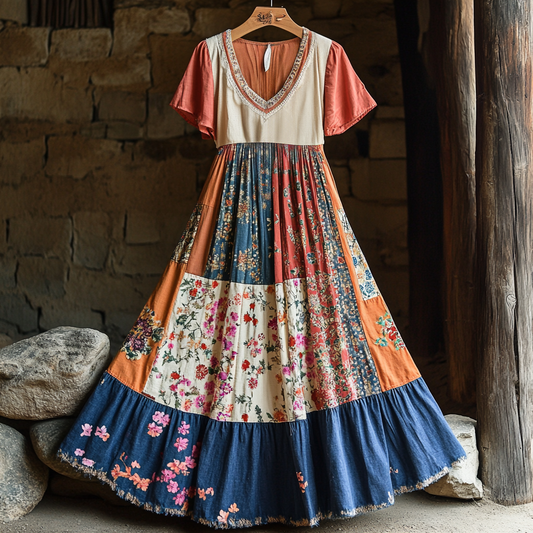 Women's Vintage Floral Patchwork Art V-neck Short Sleeve Dress artswardrobe