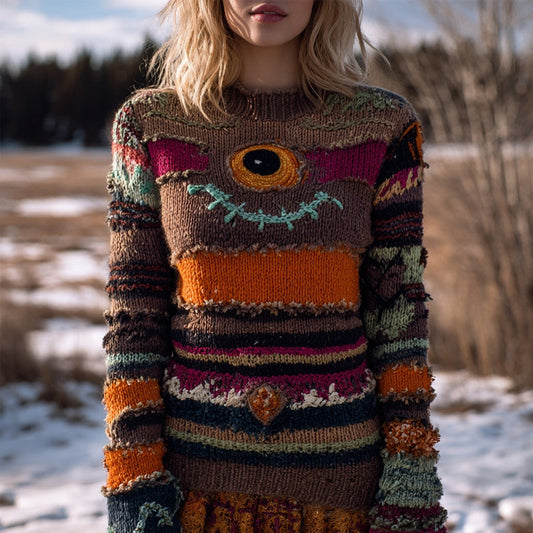 Vintage Spooky Eyeball Striped Patchwork Cozy Knit Sweater artswardrobe