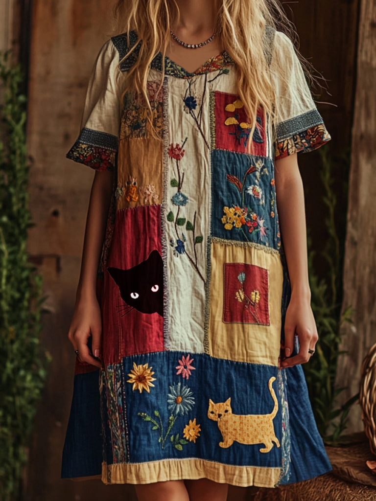 Comstylish Vintage Abstract Creative Cute Cat In Floral Art Embroidered Cozy Linen Short Sleeve Midi Dress