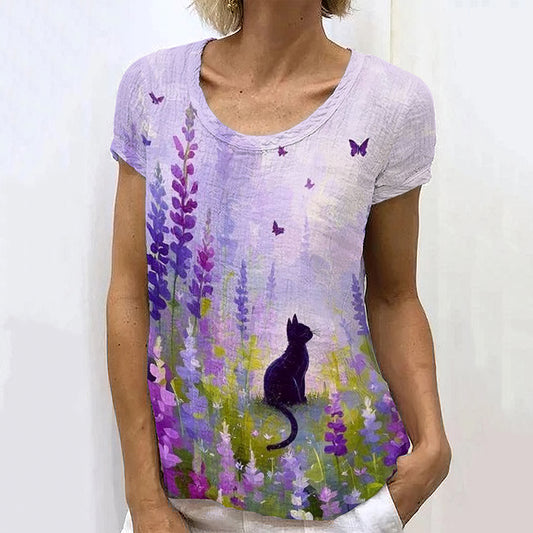 Comstylish Cute Cat In Lavender Field Linen T-shirt