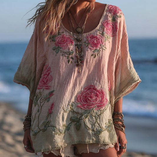 Women's Vintage Rose Gradient Art V Neck Linen Comfy T-shirt artswardrobe