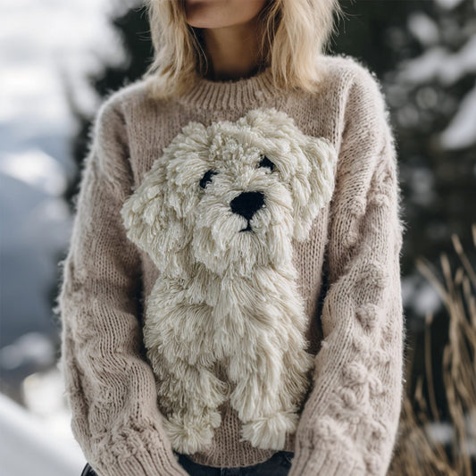 Comstylish Cute Fuzzy Dog Embroidered Cozy Knit Sweater