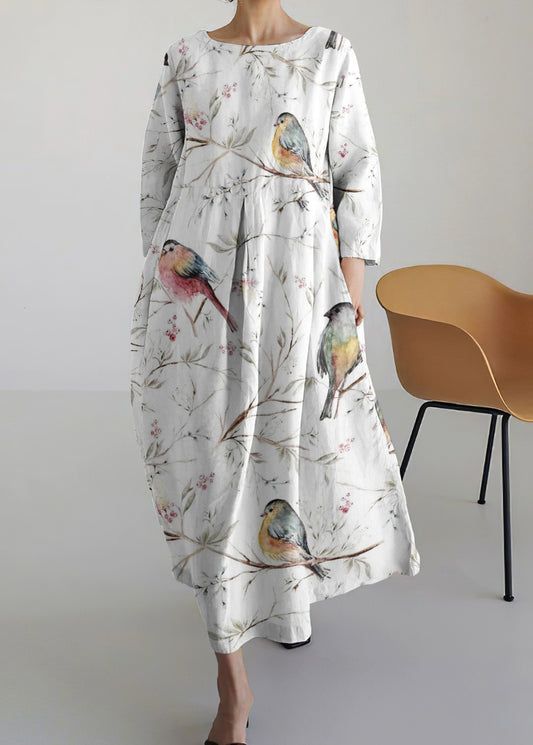 Comstylish Vintage Bird In Tree Round Neck Long Sleeve Midi Dress