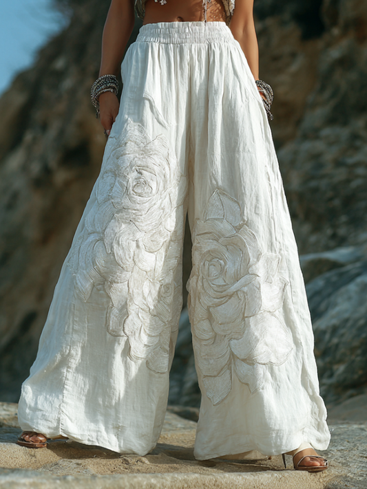 Bohemian Style Three-dimensional Rose Embroidery Pattern Women's Cotton And Linen Loose Wide-leg Long Pants artswardrobe