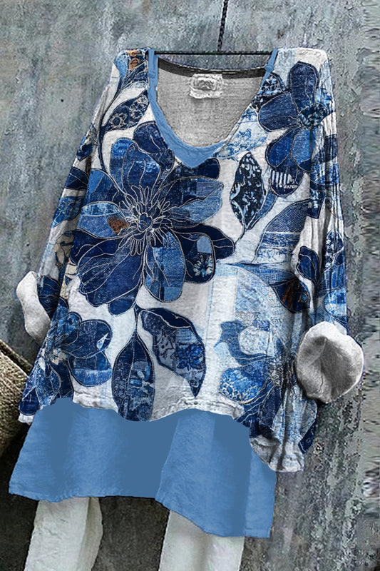 Comstylish Lovely Paisley And Traditional Japanese Sashiko Patchwork Floral Patterns Denim Textile Art Linen Tunic